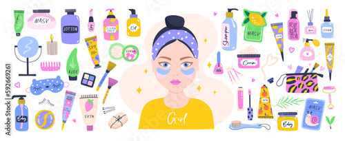 Set of design elements on self care. Girl and cosmetic products. Vector illustrations