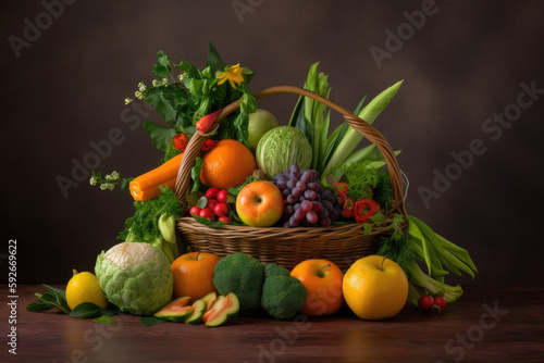 Basket of fruits and vegetables created with AI