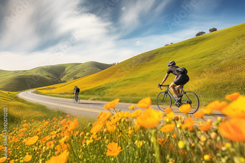 Cyclist on the road in the mountains surrounded with flowers created with AI