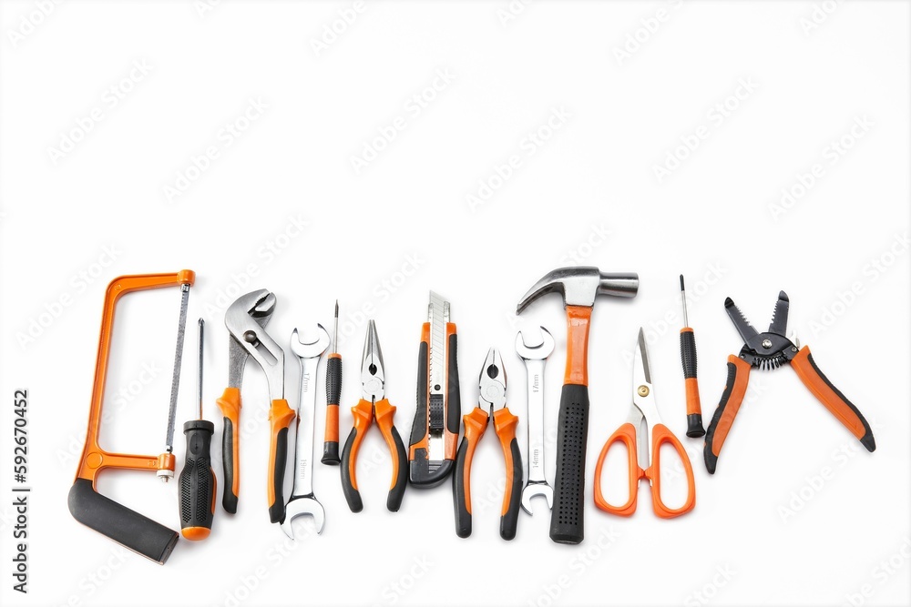 Top view of an orange and black mechanic hand tool set against a white background Top view of an orange and black mechanic hand tool set against a white background