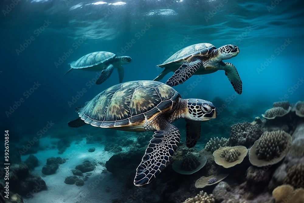 Obraz premium group of turtles swimming close to a beautiful coral, marine life background, Generative AI
