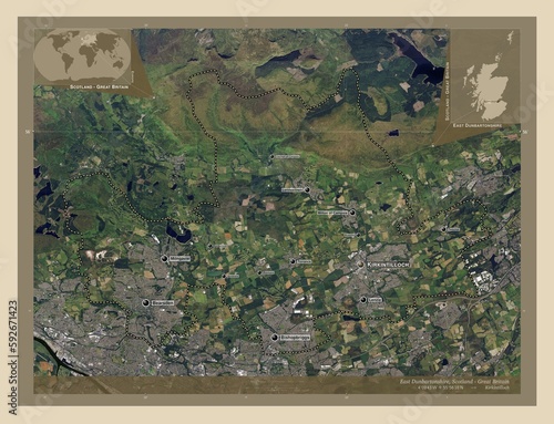 East Dunbartonshire, Scotland - Great Britain. High-res satellite. Labelled points of cities