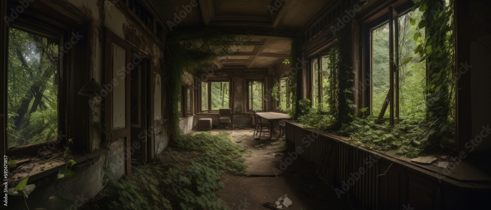 Abandoned building that has been reclaimed by nature, overgrown with plants, vines, and trees. Generative AI Abandoned building that has been reclaimed by nature, overgrown with plants, vines, and trees. Generative AI