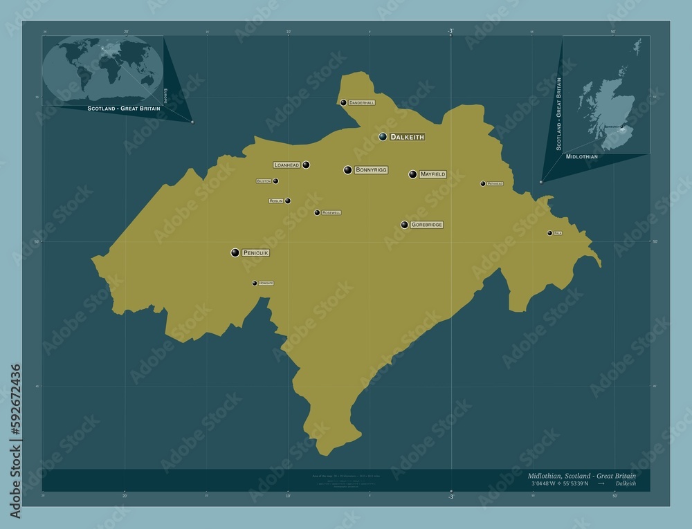 Obraz premium Midlothian, Scotland - Great Britain. Solid. Labelled points of cities