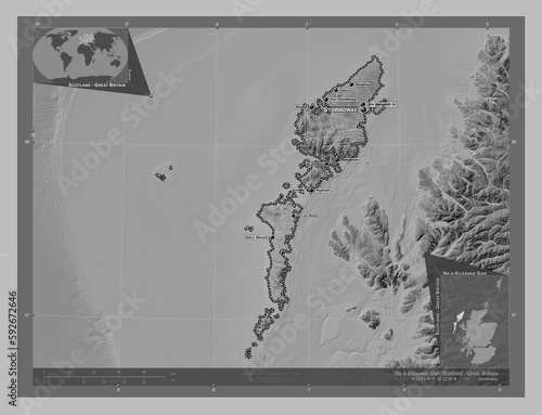 Na h-Eileanan Siar, Scotland - Great Britain. Grayscale. Labelled points of cities photo