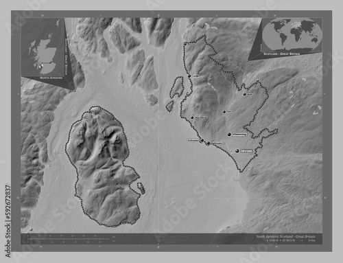 North Ayrshire, Scotland - Great Britain. Grayscale. Labelled points of cities photo