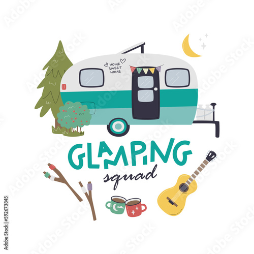 Glamping squad handwritten lettering design. Camping composition with vintage trailer and bonfire. Motorhome for comfy seclusion in nature. Outdoor activity concept hand drawn flat vector illustration