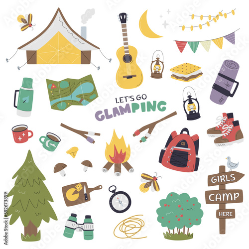 Glamour camping collection isolated. Cute glamping set. Luxury and comfy seclusion alone or with friends in nature bundle. Modern outdoor activity. Girls camp here hand drawn flat vector illustration