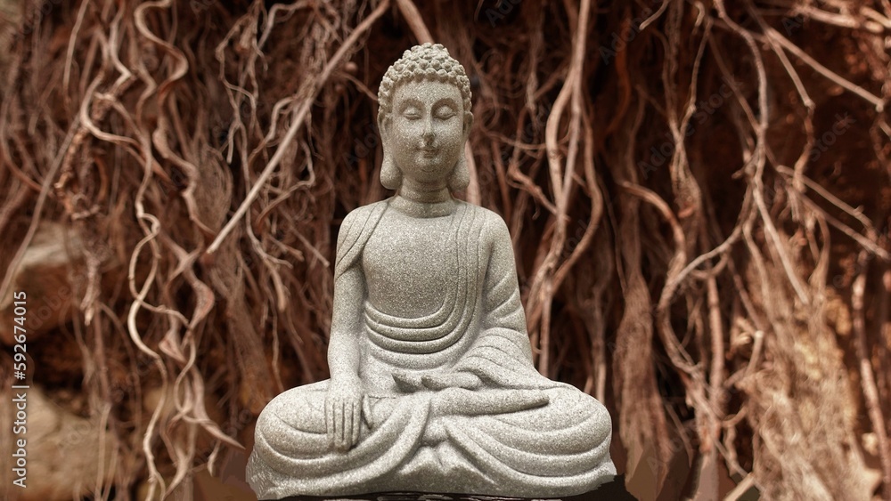 A stone Buddha in the lotus position with his eyes closed meditates against the background of the roots of the Bodhi tree. A stone Buddha in the lotus position with his eyes closed meditates against the background of the roots of the Bodhi tree.