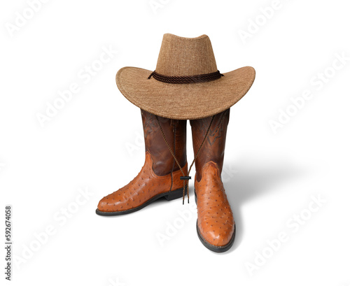 Cowboy boots and hat isolated on white background.