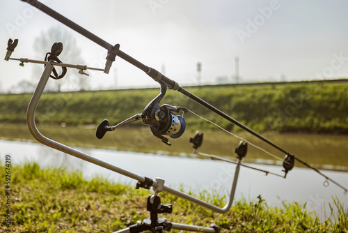 Carp Fishing Equipment on the Bank of a River