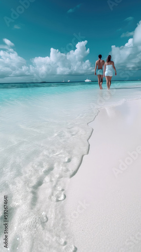 Couple walk along the prist...