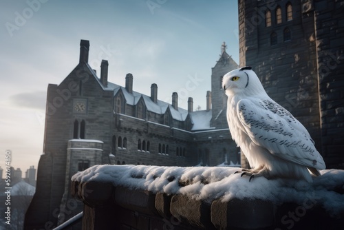 Snowy Owl sitting in front of castle.