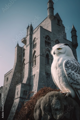 Snowy Owl perched in front of castle. Generative AI. photo