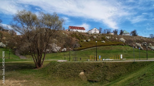 Historic buildings on the Vistula escarpment in Plock on a spring sunny day.