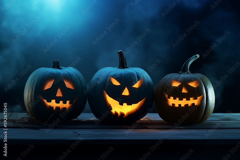 spooky Halloween pumpkins Jack O Lantern, with an evil face and eyes on a wooden bench, misty gray coastal night generated by AI. spooky Halloween pumpkins Jack O Lantern, with an evil face and eyes on a wooden bench, misty gray coastal night generated by AI.