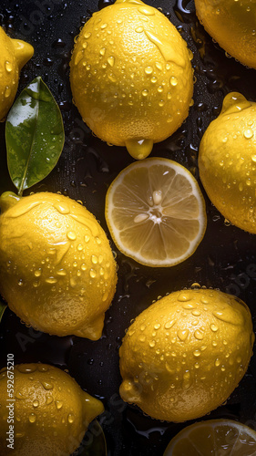 Fresh Lemons background, adorned with glistening droplets of water, top down view.