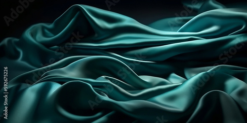Blue green silk satin fabric wave or silk wavy folds generated by AI. 