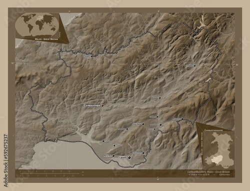 Carmarthenshire, Wales - Great Britain. Sepia. Labelled points of cities photo