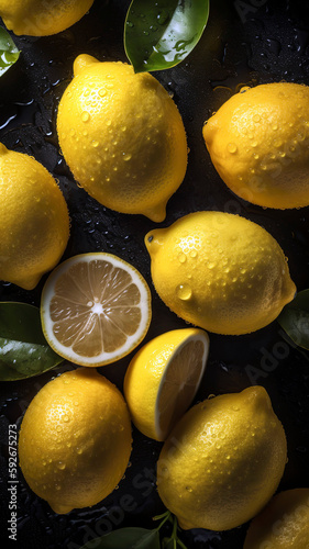Fresh Lemons background, adorned with glistening droplets of water, top down view.