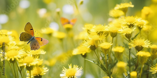 Spring summer shot of yellow flowers and butterflies in meadow in nature outdoors on bright sunny day, generated by AI. © Rattanapon