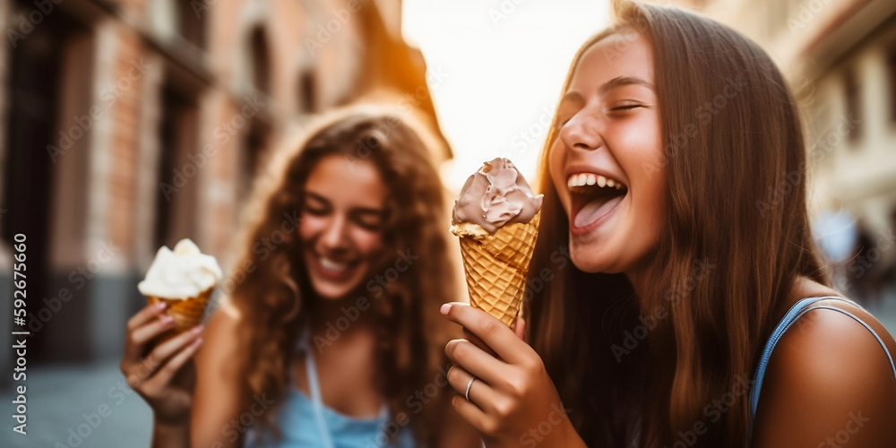 Women girls having ice cream together outdoors. Close up of young women eating ice cream and laughing generated by AI.