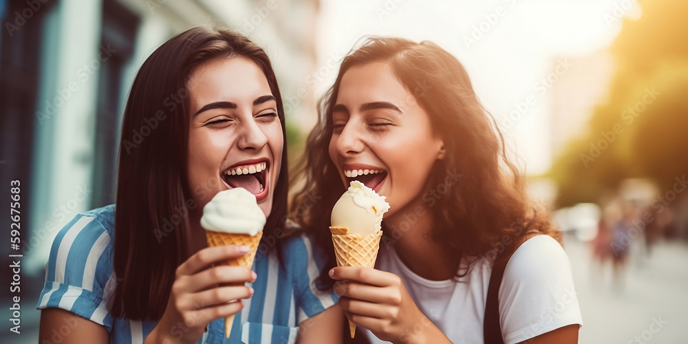 Women girls having ice cream together outdoors. Close up of young women eating ice cream and laughing generated by AI. Women girls having ice cream together outdoors. Close up of young women eating ice cream and laughing generated by AI.