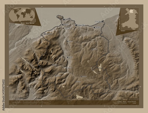 Conwy, Wales - Great Britain. Sepia. Labelled points of cities photo