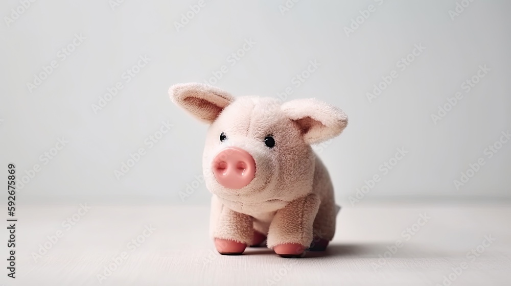 Cute piglet plush toy on a light grey background and copy space. Generative ai pink pig plushy Cute piglet plush toy on a light grey background and copy space. Generative ai pink pig plushy