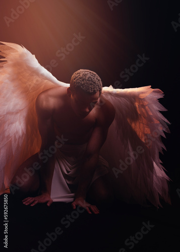 Young strong angel with white wings from heaven. Angel with muscular body. Sensual man