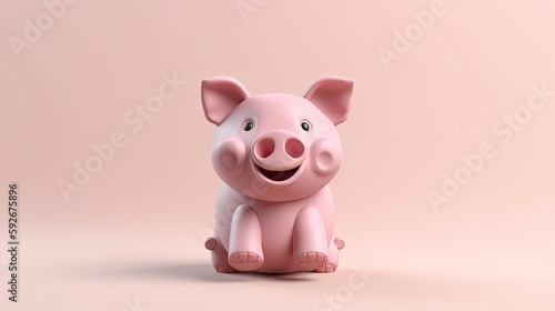Happy piggy bank on pink background. Generative ai smiling pig toy isolated on pink