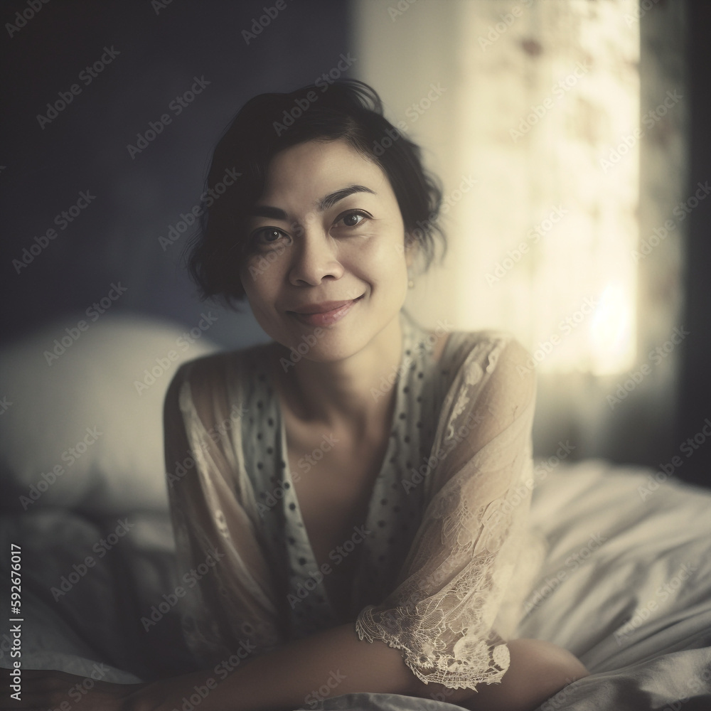 Generative ai young asiatic woman indoors sitting bed looking camera Generative ai young asiatic woman indoors sitting bed looking camera