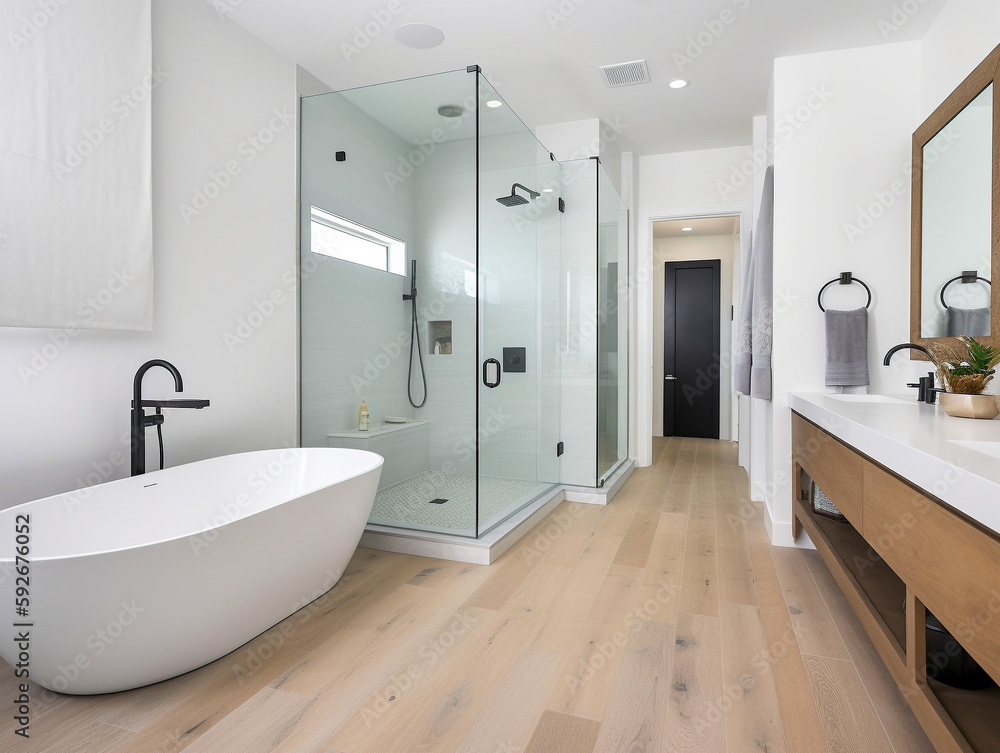 A Contemporary Bathroom with Free Standing Tub and Glass Shower | Generative AI A Contemporary Bathroom with Free Standing Tub and Glass Shower | Generative AI