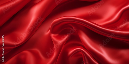 Red silk satin fabric wave or silk wavy folds generated by AI. 