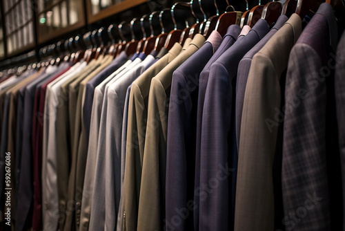 Rows of men's suit jackets in closet generated by AI.