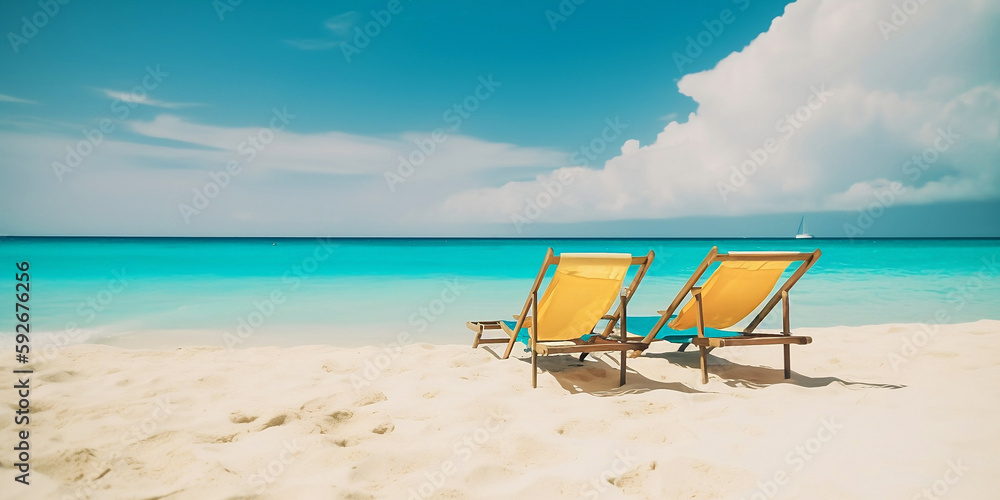 Two sun loungers on beautiful with sandy beach at sea and blue sky. Concept for summer holidays generated by AI Two sun loungers on beautiful with sandy beach at sea and blue sky. Concept for summer holidays generated by AI