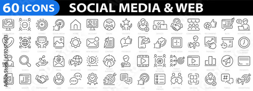 Social Media 60 icon set. Media, Digital marketing, Management, Message, Online community, website, blog, content, business marketing and social network icons. Vector illustration.
