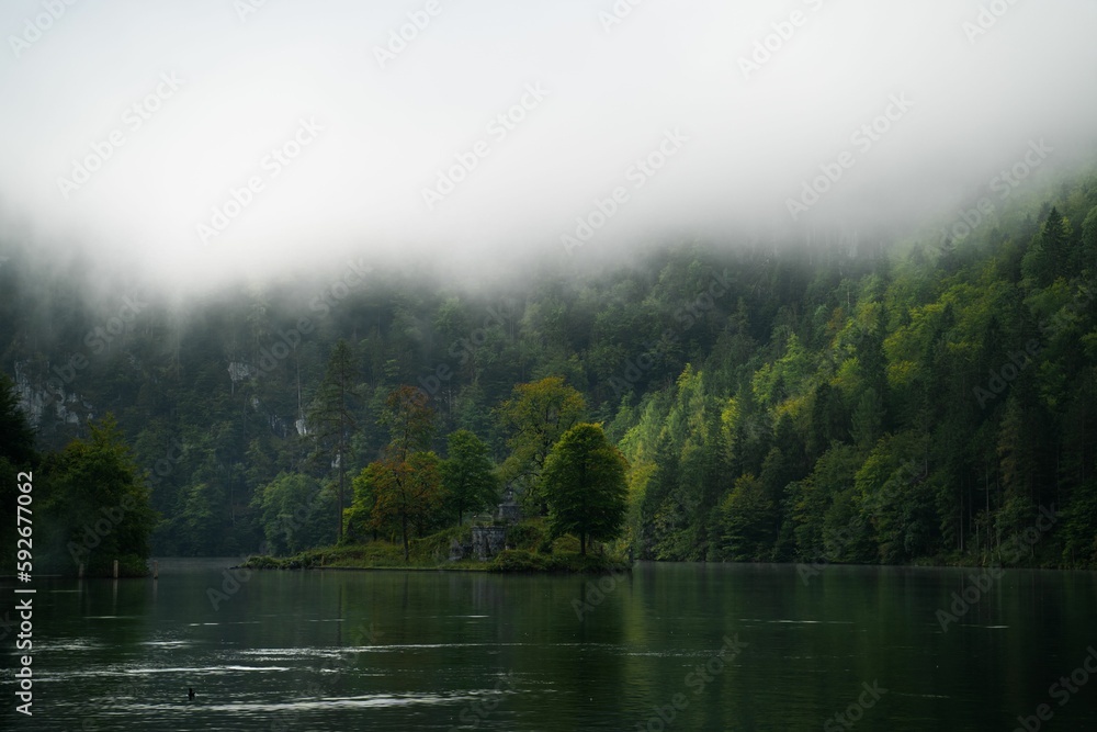 Lake surrounded by the dense green forest on a foggy weather Lake surrounded by the dense green forest on a foggy weather