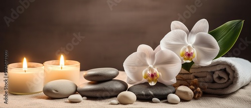 spa composition on massage with Soft White Towels  Essential Oils  flower  Candles  and Relaxation. Generative AI 