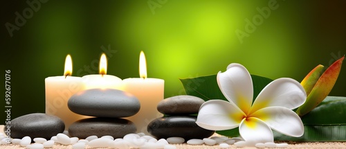 spa composition on massage with Soft White Towels, Essential Oils, flower, Candles, and Relaxation. Generative AI 