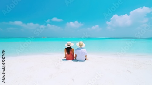 Couple relaxing sitting on the beach. Generative AI