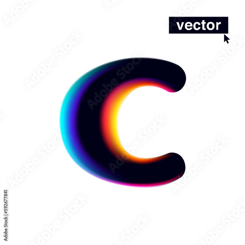 C letter logo with neon glitch. Multicolor gradient sign with double exposure and illusion effect. Glowing color shift vector icon.