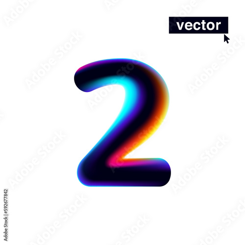 2 logo. Number two with neon glitch. Multicolor gradient sign with double exposure and illusion effect. Glowing color shift vector icon.