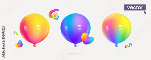 Set of helium multicolor balloons and hearts. Festive decorative rainbow-colored elements in plastic 3D design.