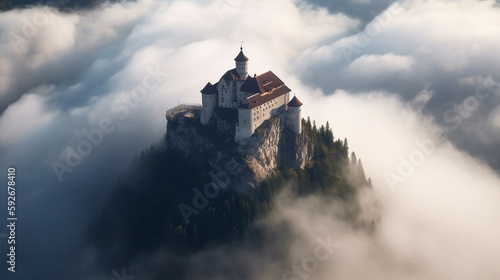 Beautiful Fairytale castle on mountain surrounded by cloud. Generative AI