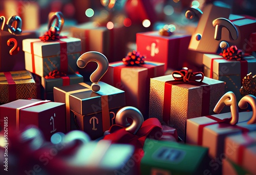 question marks in front of a pile of Christmas presents in row, 3d-illustration. Generative AI