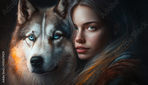 Illustration of a girl with a Husky dog.