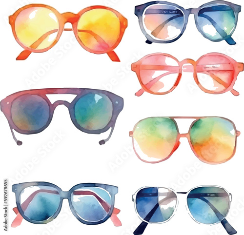 Vector Watercolor glasses and sunglasses set - summer colors collection. 