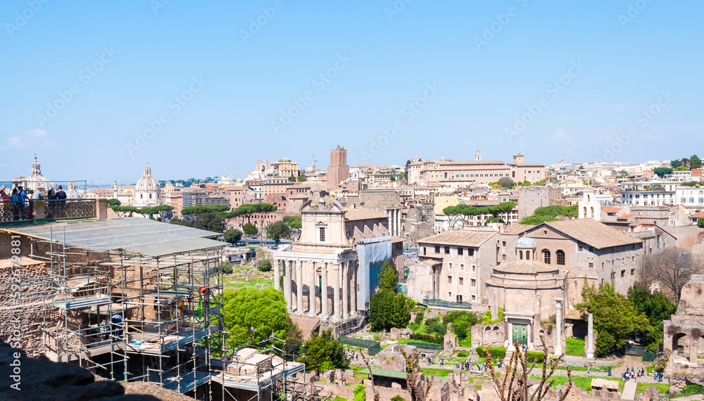 View of the Roman Forum and part of the center of Rome from the Palatine Hill. Rome, Italy, Europe