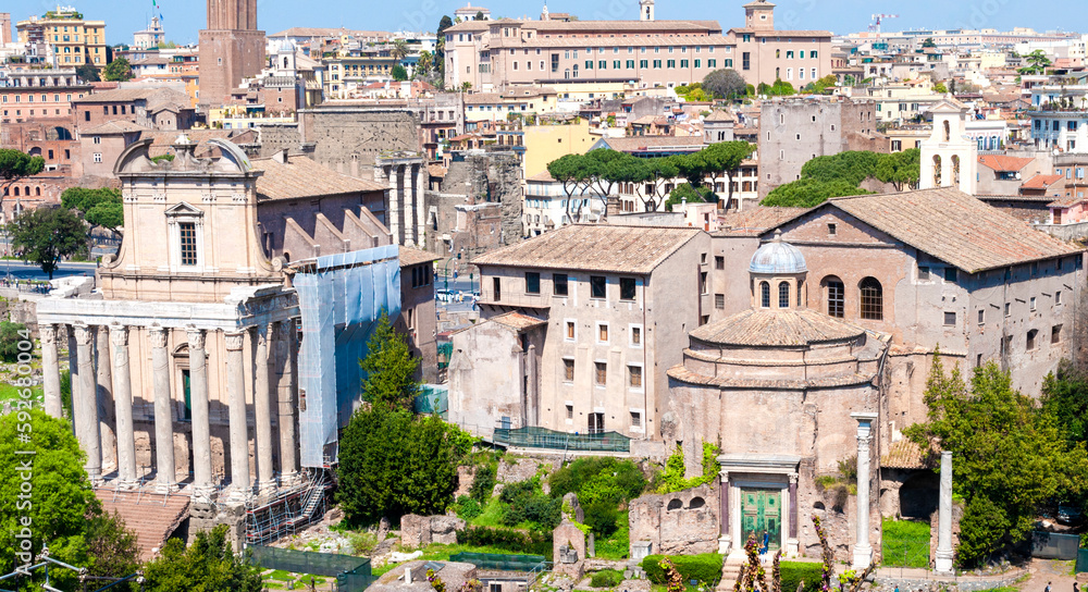 View of the Roman Forum and part of the center of Rome from the Palatine Hill. Rome, Italy, Europe